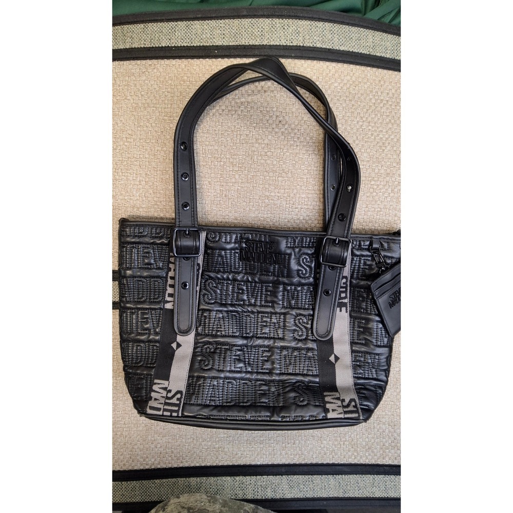 Steve Madden Black Quilted Logo Tote Bag with Detachable CardHolder Shoulder(B8)